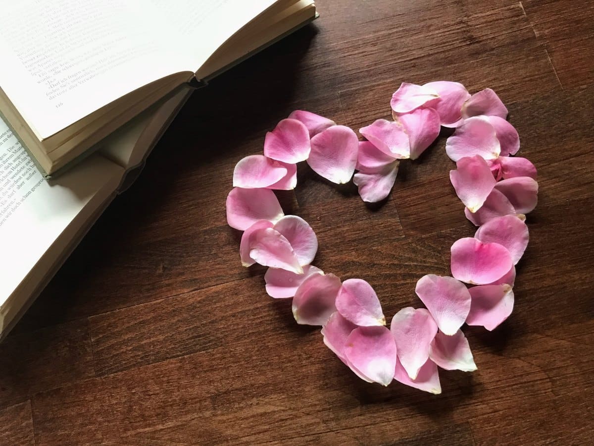 開いた本のそばにピンク色の花びらで作られたハート形